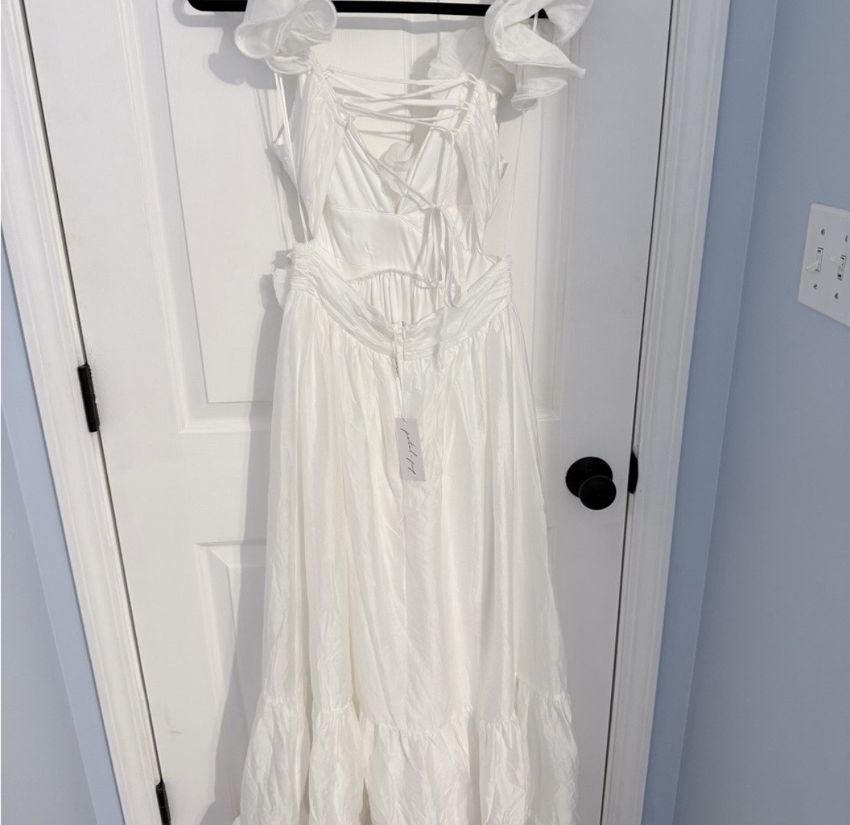 Petal & Pup White V-Neck Lace-Up Tiered Ruffle Maxi Dress Size S
