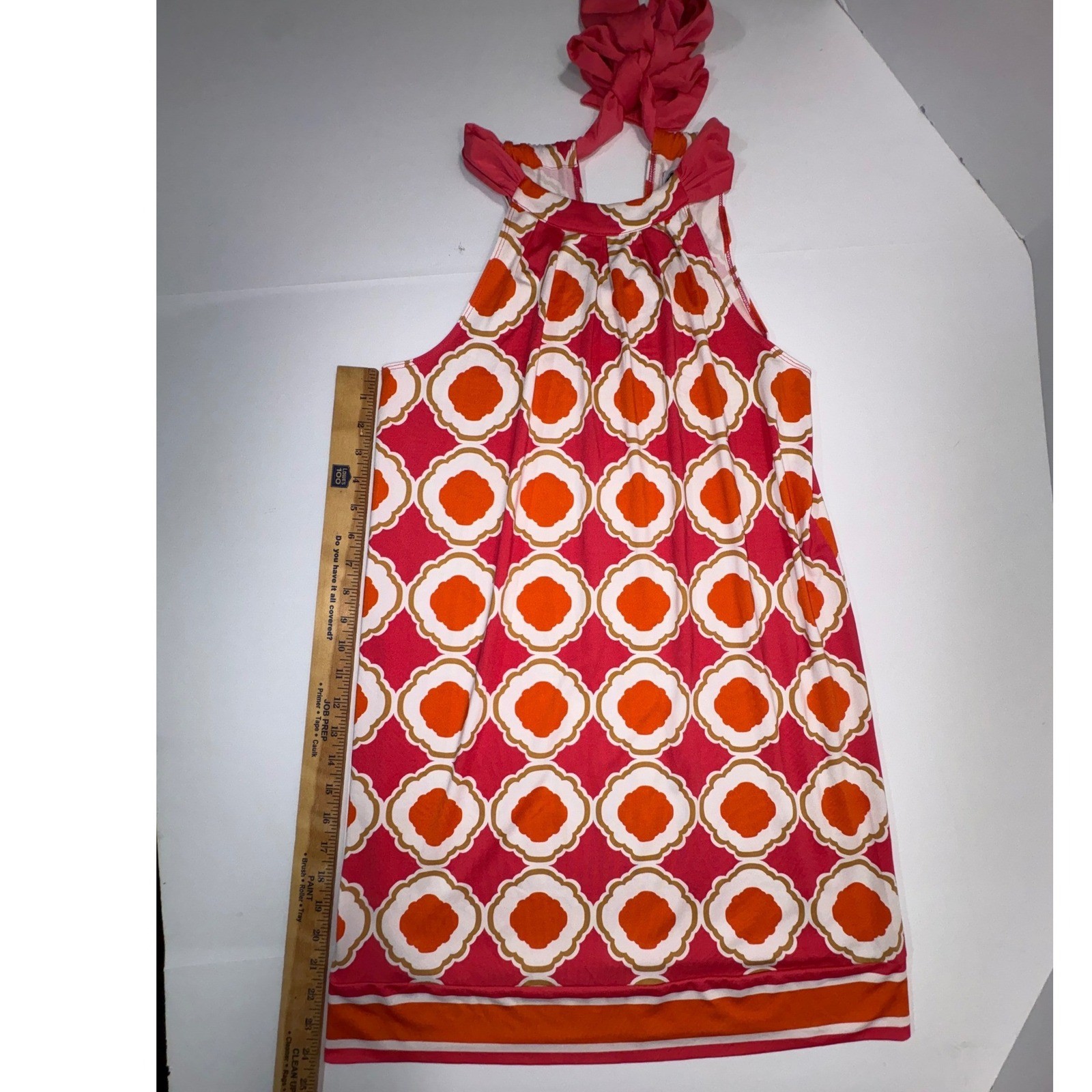 Mud Pie Women Pink Orange Geometric Quatrefoil Halter Bow Neck Mini Dress Small