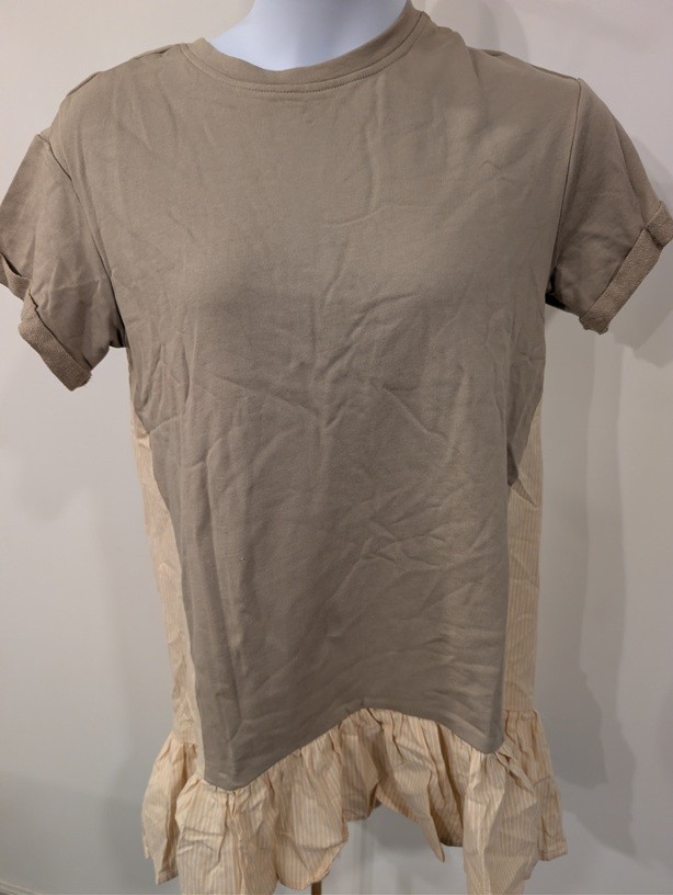 1219- Hayden Boho Colorblock Ruffle Hem T Shirt Dress Tan Green – NWT – Small