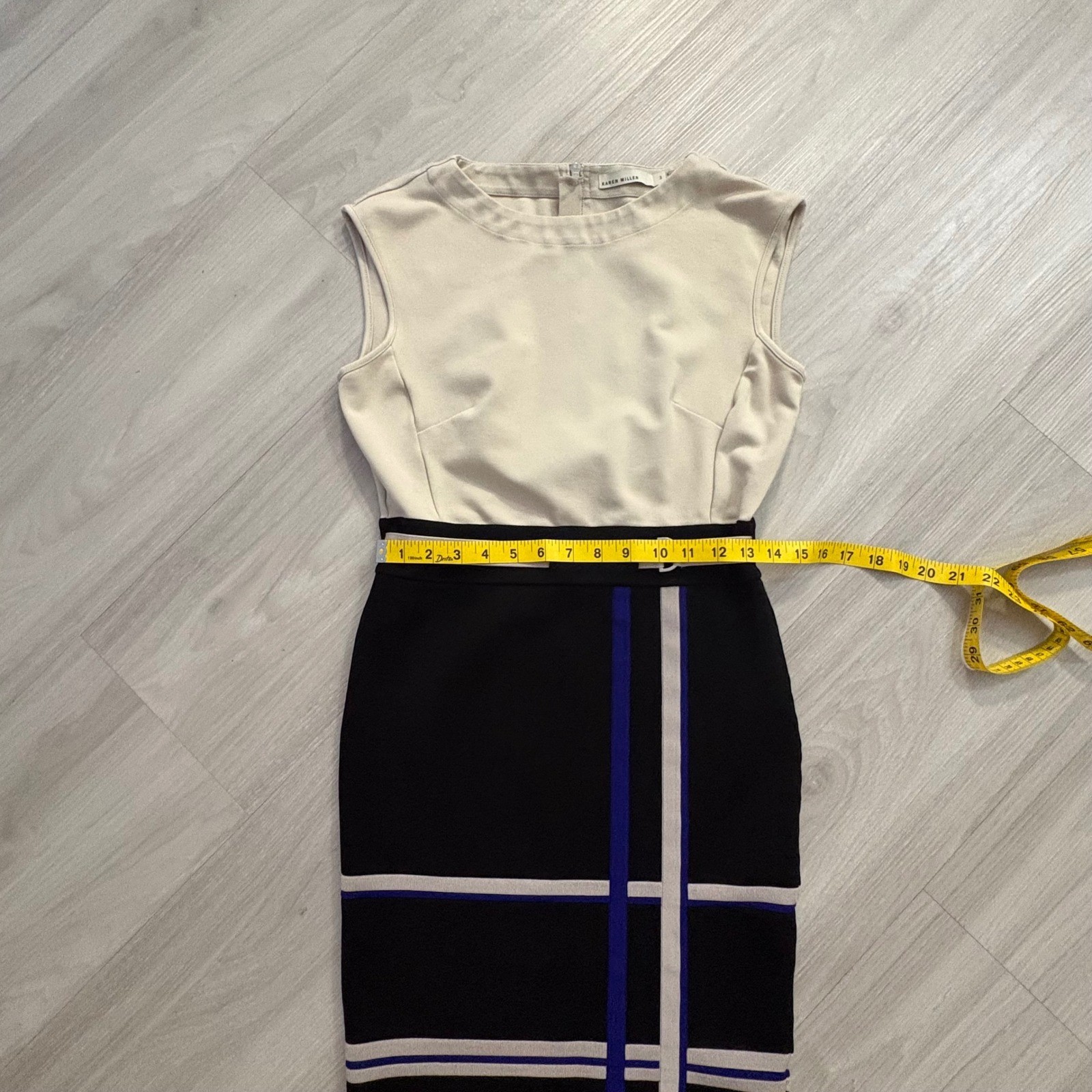 Karen Millen Dress Women Colorblock Geometric Grid Sheath Black Cream Blue Siz 3