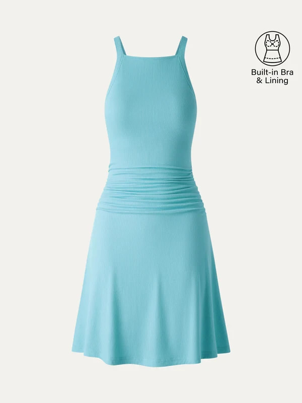 Women’s Square Neck Mini Dress Built In Bra Stretch Casual Dress, Blue, Freeship