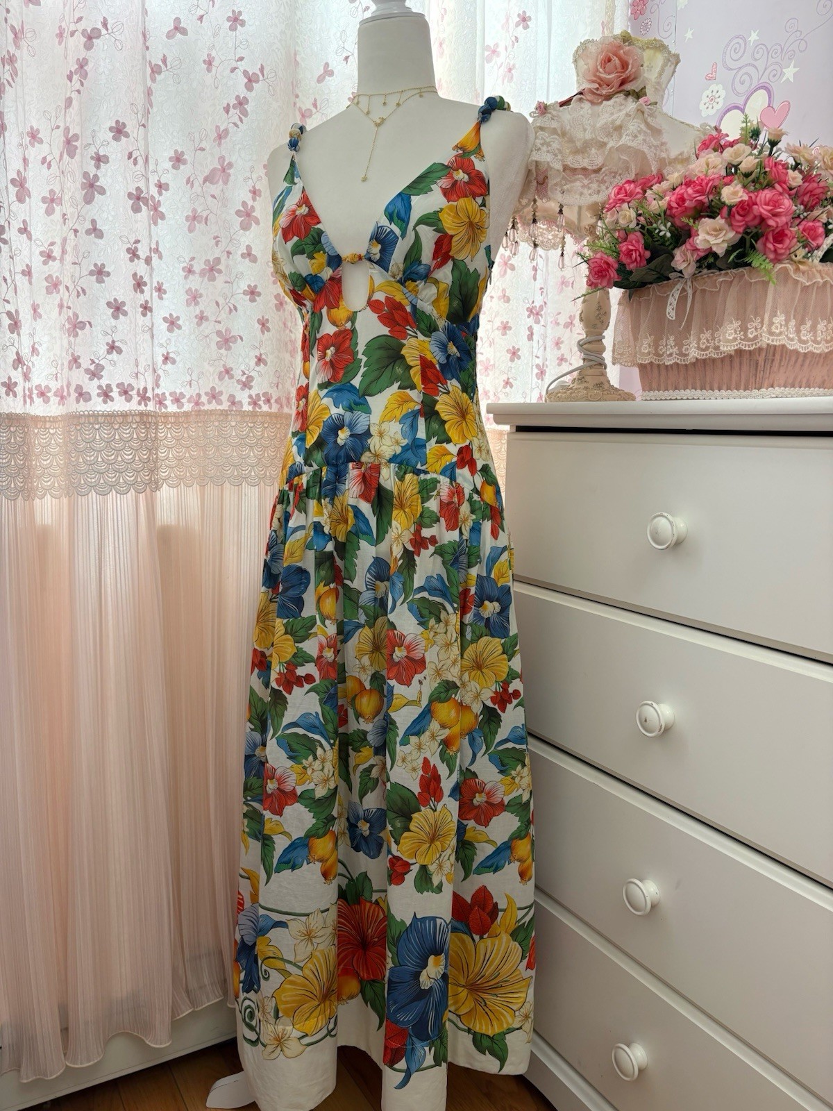Farm Rio Off-White Tropi Embroidered Maxi Dress Size Small