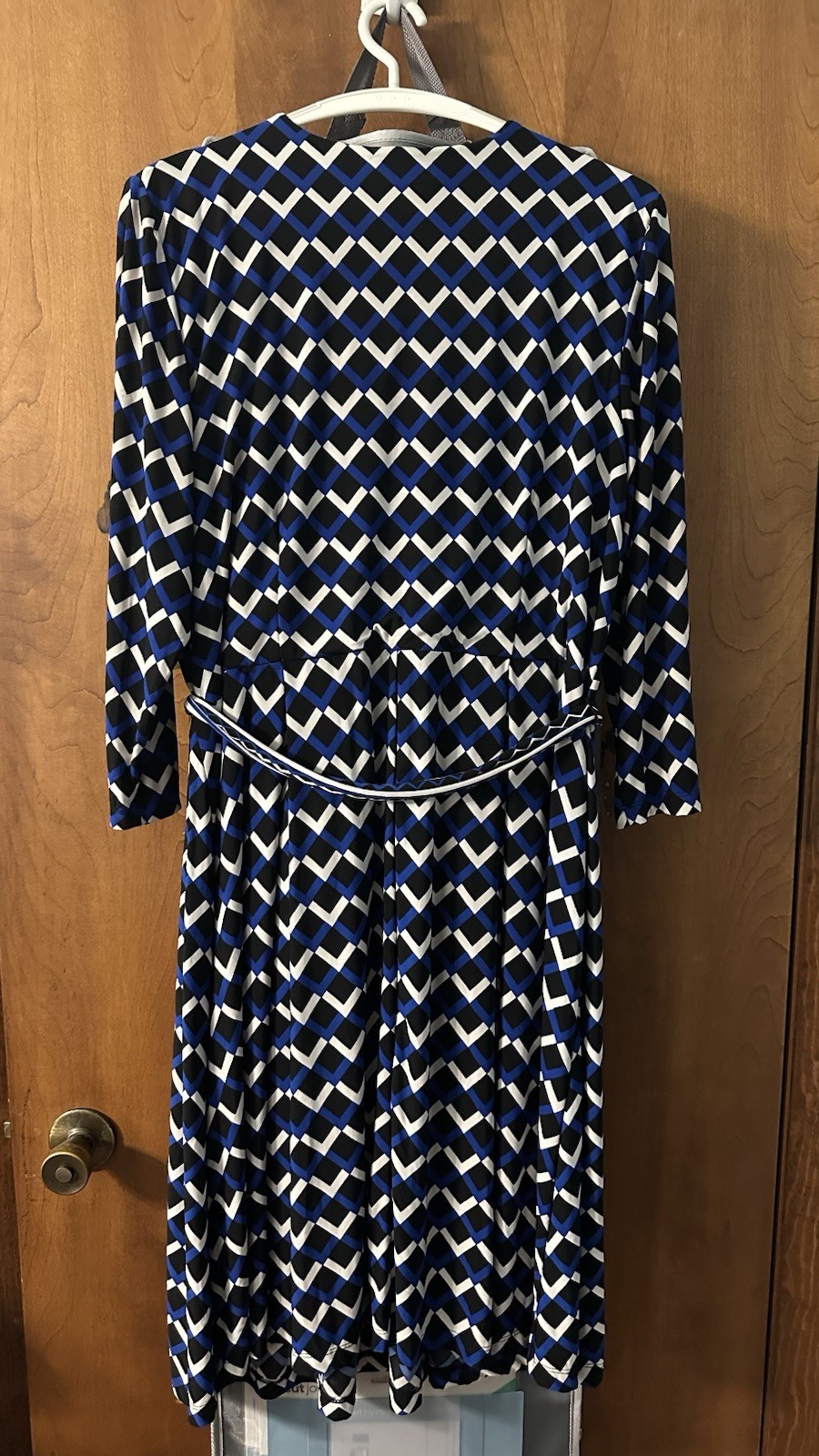 Roz & Ali Women’s Wrap Dress Blue Geometric Print, 3/4 Sleeve Size 1X *EXCELLENT