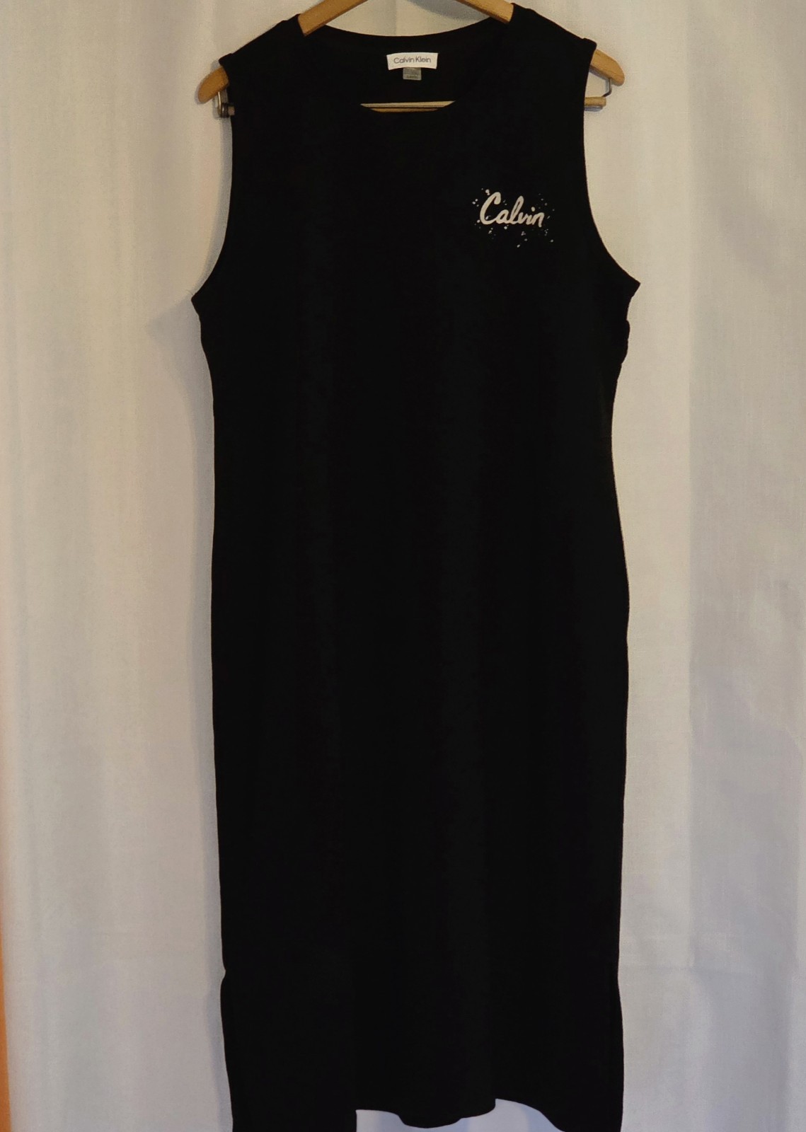 Calvin Klein Dress Womens XL Black Sleeveless Tank Embroidered Script Logo Rayon