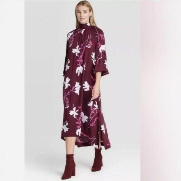 New Prologue Floral Mock Tie Neck Long Dress XL