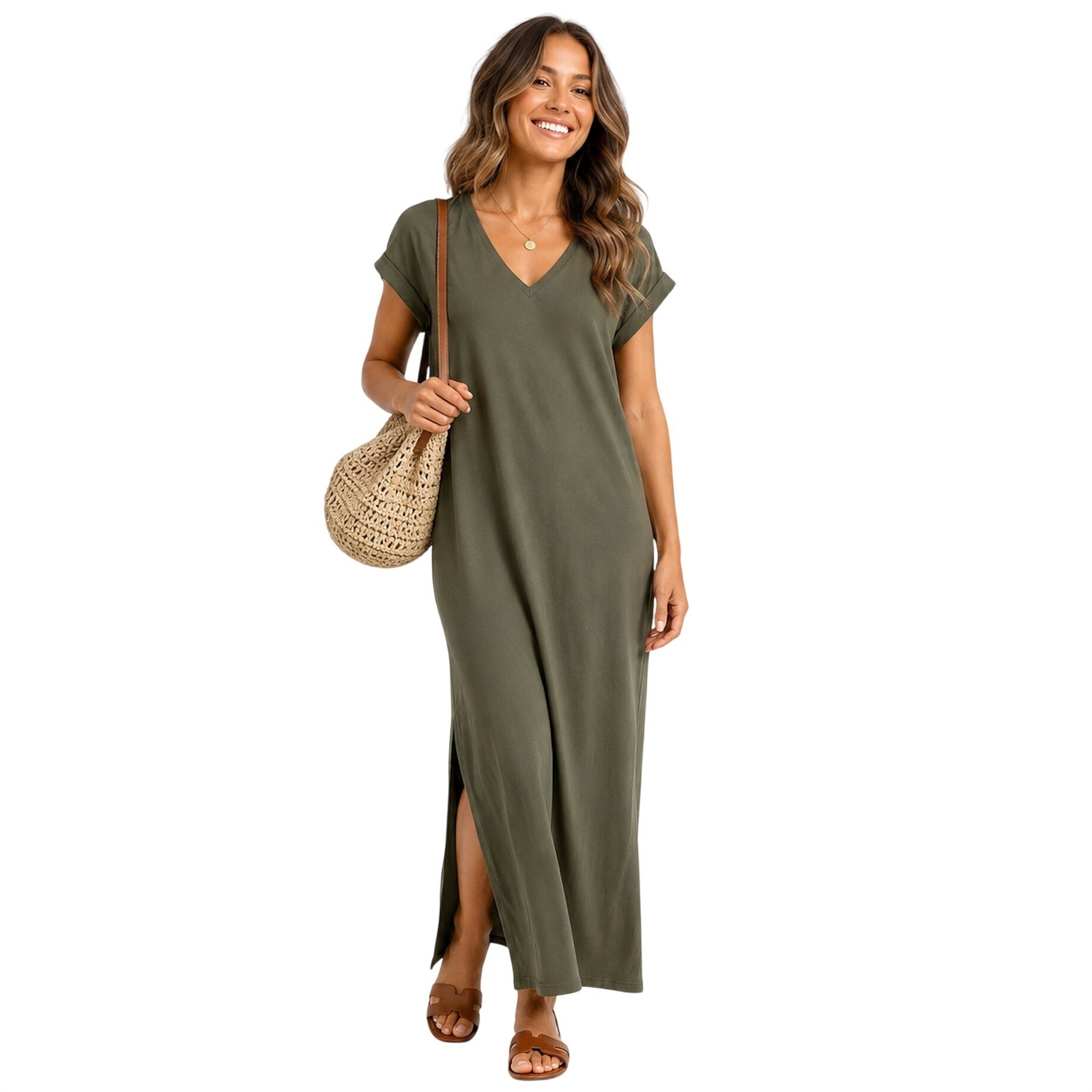 Grace & Mila Paris Margaux Olive Green Modal Blend Maxi T-Shirt Dress MEDIUM