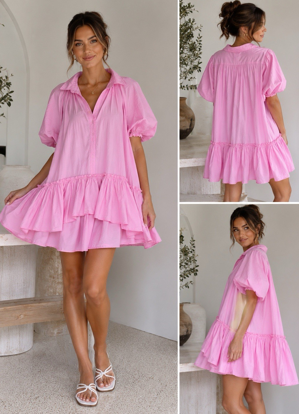 Tahlulah Pink Ruffle Layered Puff Sleeve Collared A-Line Dress Cotton Button L