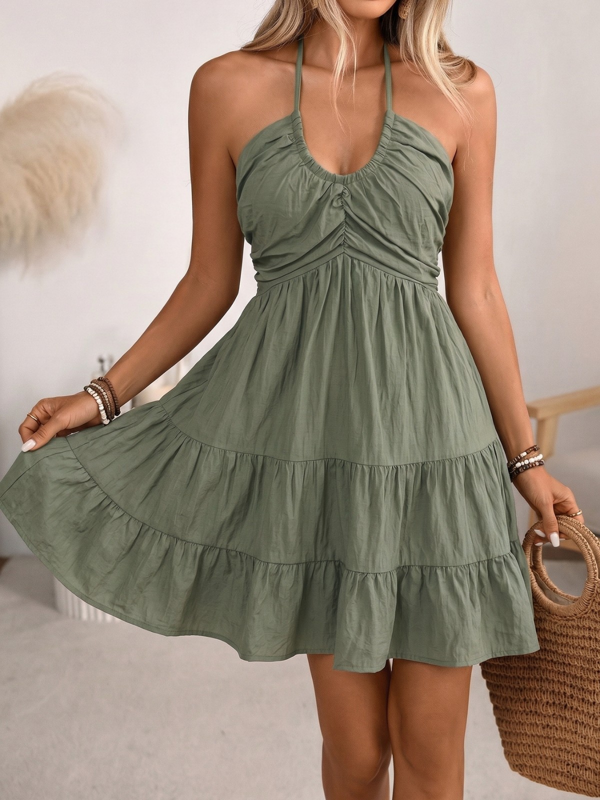 BOHO Halter MAXI DRESS WOMEN SOLID Viscose Flowy Sundress Beach Vacation Resort