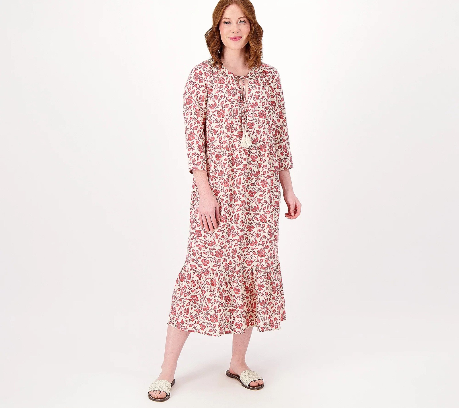 Denim & Co. Naturals Printed Sz MEDIUM Regular Midi Dress ANTIQUE ROSE A596346