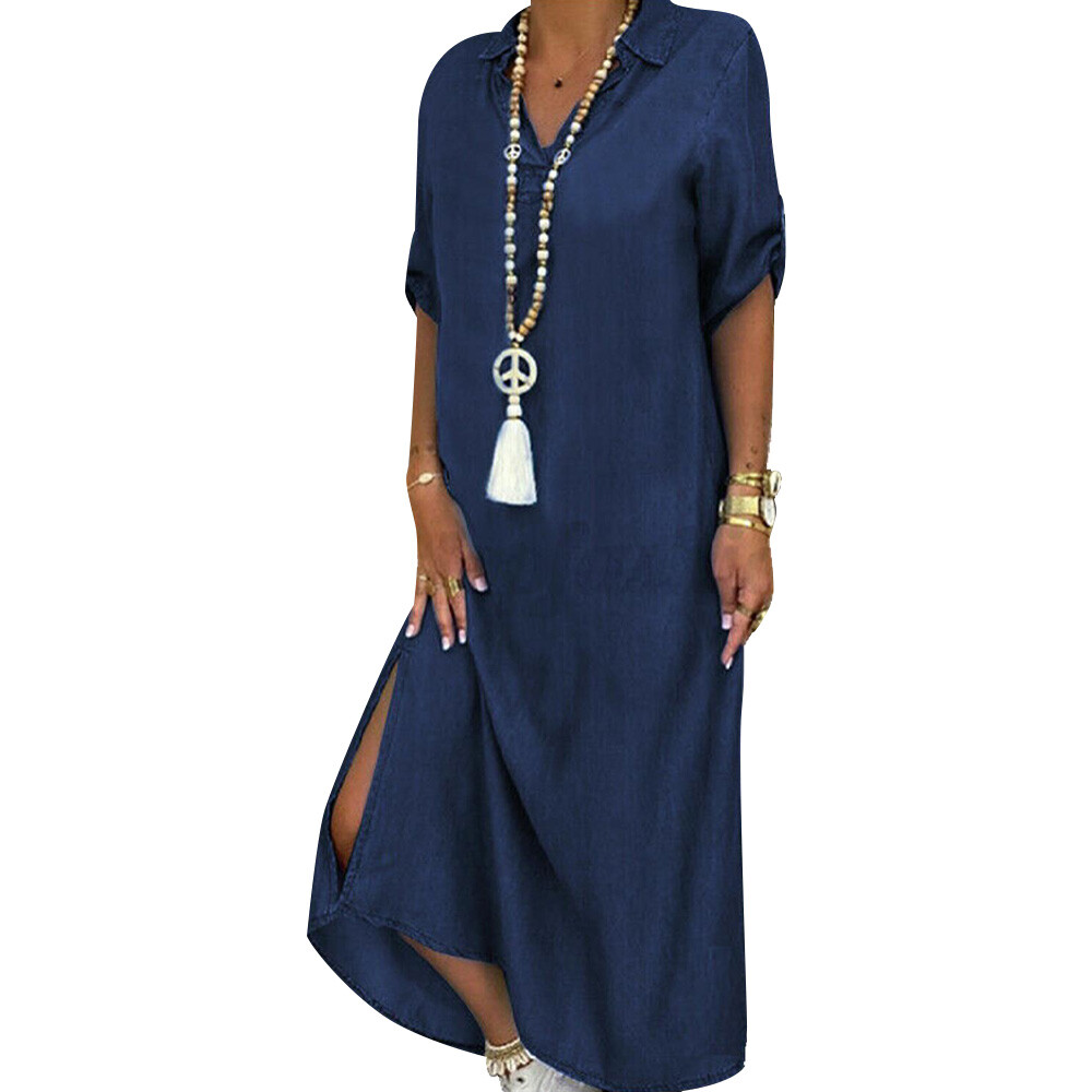 Plus Size Women Casual Summer Loose Denim Maxi Dress Jeans Sundress Kaftan Beach