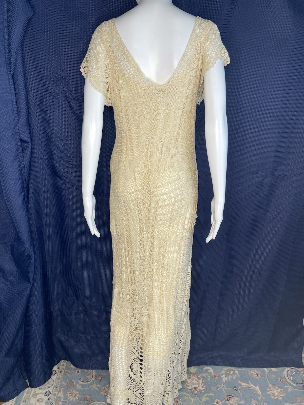 Vintage 90s Silk Crochet Maxi Dress Boho S Cream Ivory Spiegel Beachy