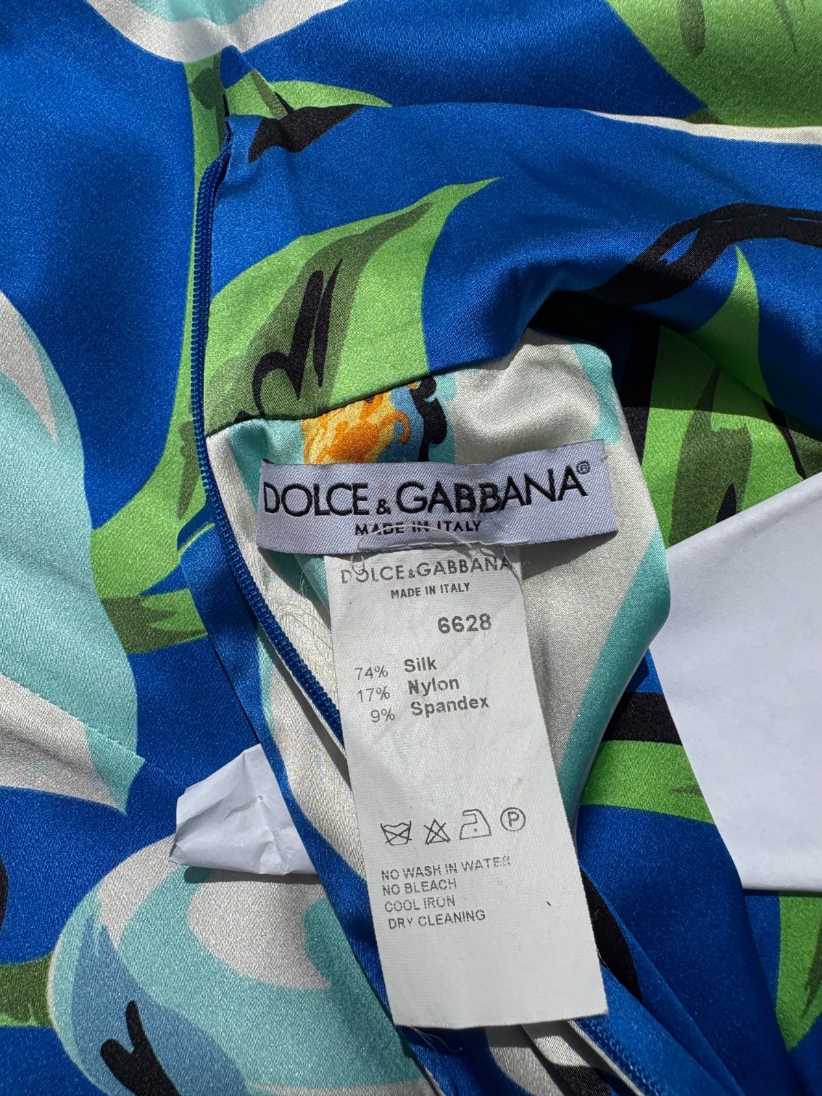 VTG 2002 Dolce & Gabbana Blue Floral Calla Lily Silk Blend Mock Neck Midi Dress