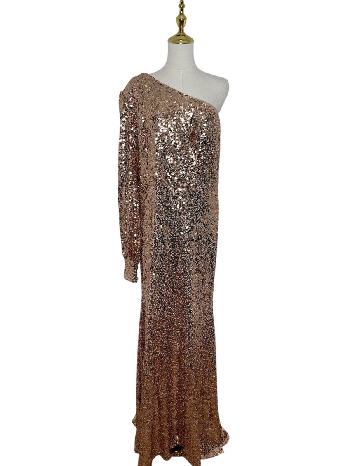 Mac Duggal 26717 Rose Sequin One Shoulder Bishop Sleeve Trumpet Dress Size 14