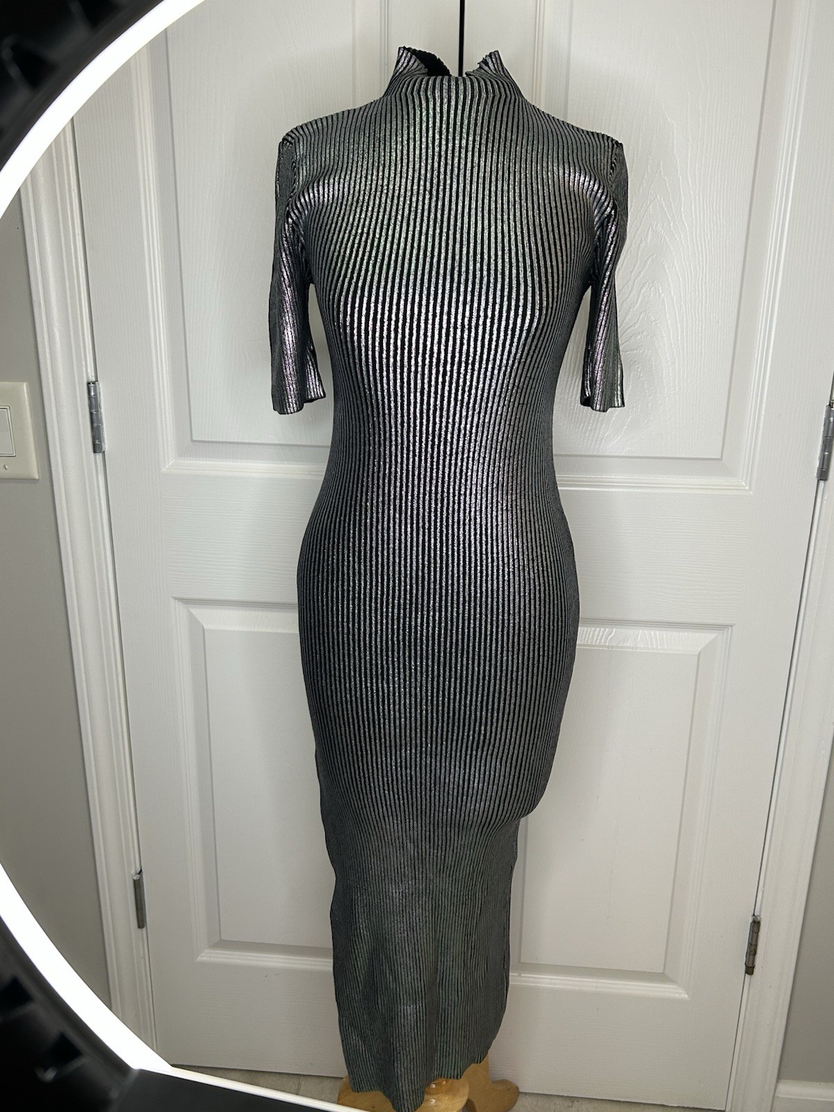 ASOS Silver Metallic Ribbed Knit Bodycon Midi Dress Mock Neck Short Sleeve XS/S