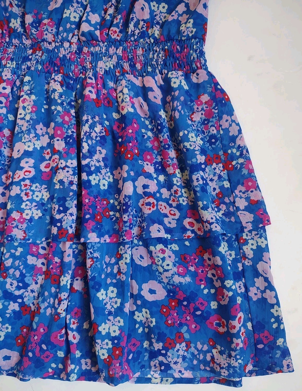 Sugarlips Junie Floral Amina Surplice Ruffle Mini Dress Tiered Blue Pink XL NWT