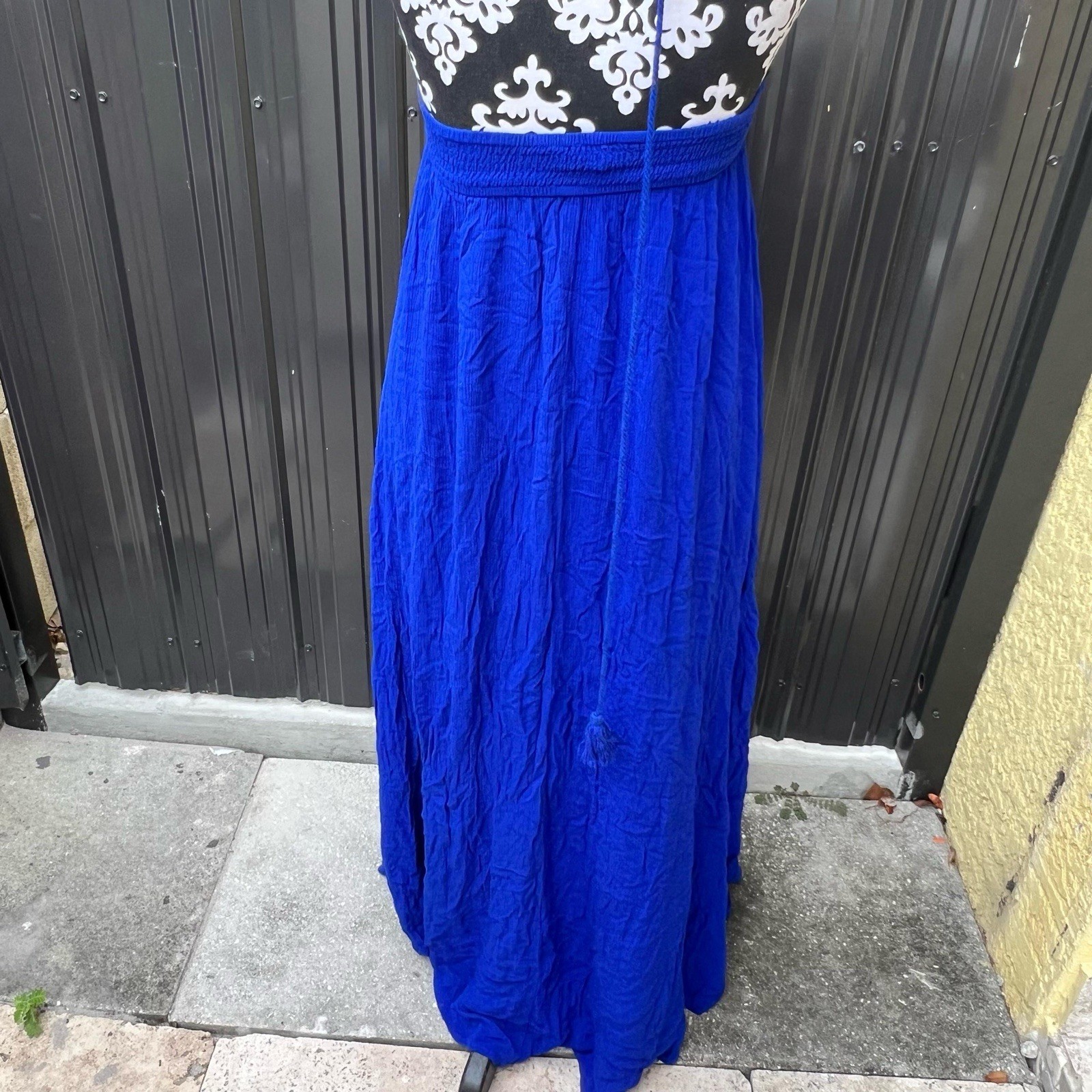 Forever 21 Women’s Blue S Maxi Dress V-Neck Halter Smocked Backless Tassel