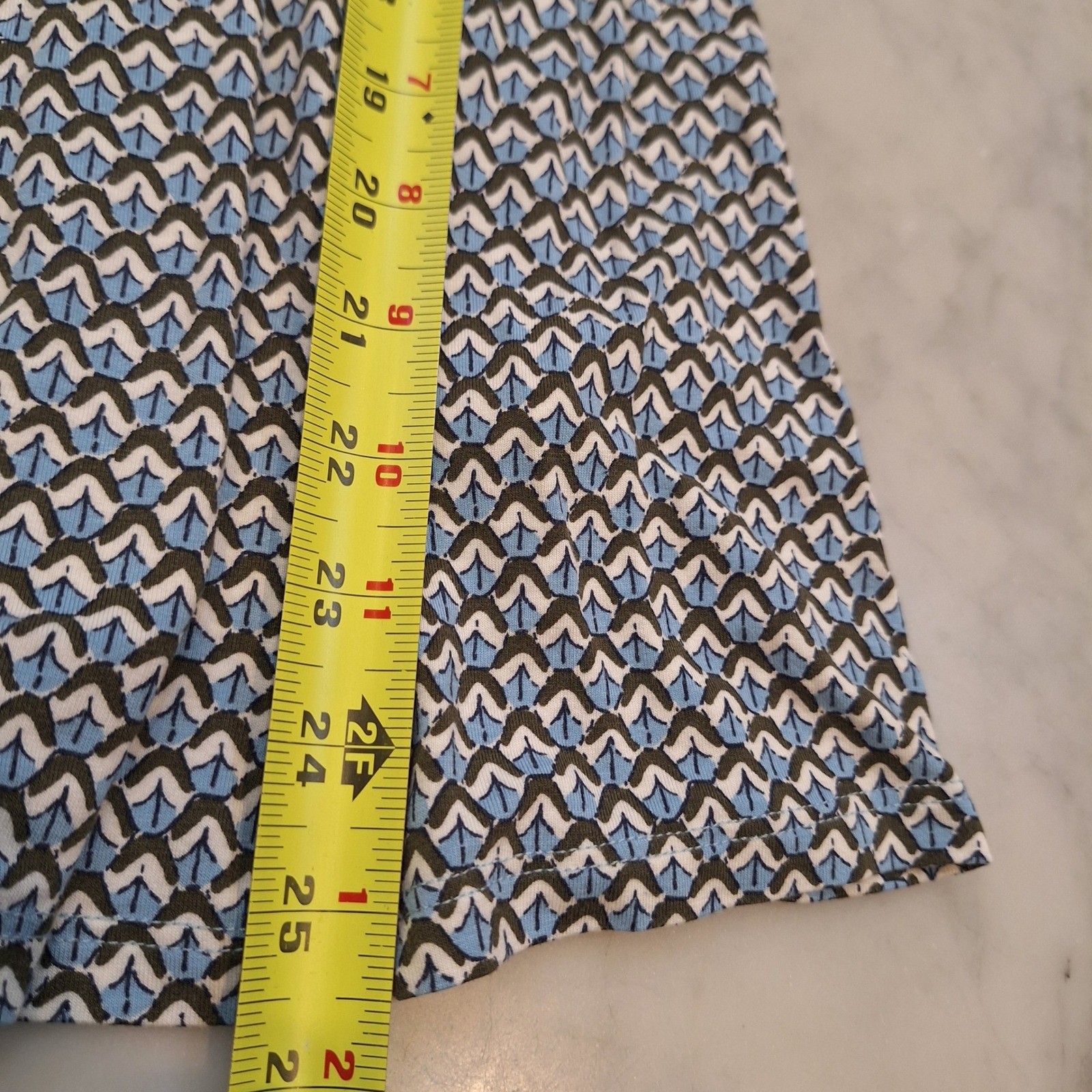 Boden Jersey Midi Dress 10L Blue Geometric Fan Print Cap Sleeve Pockets Office