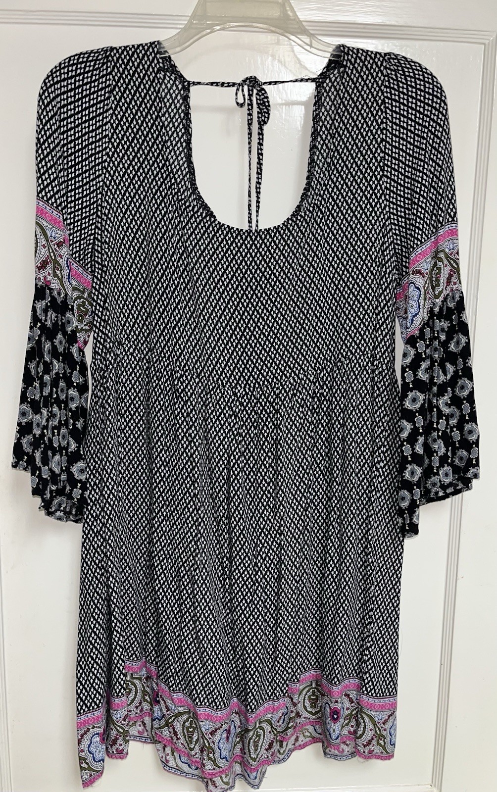 Umgee Shift Dress L Geometric Print Scoop Neck 3/4 Bell Sleeve Back Tie