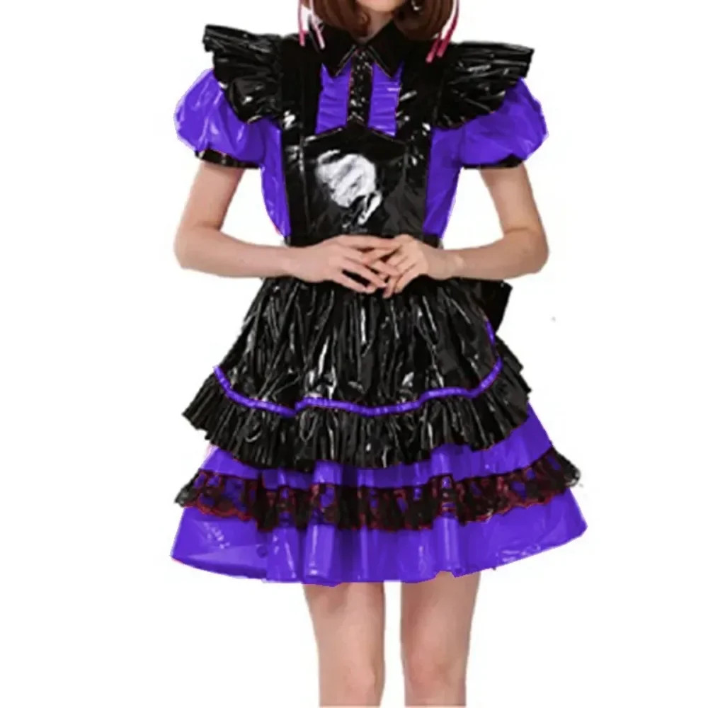 Party Cosplay Maid Cross Dressing with Apron Lockable PVC Puff Sleeve Dress