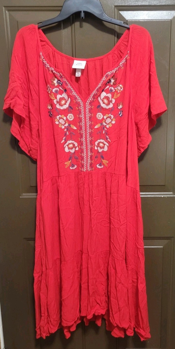 Knox Rose Womens 3X Red Peasant Dress Flutter Sleeve Tiered Midi Plus Size Boho