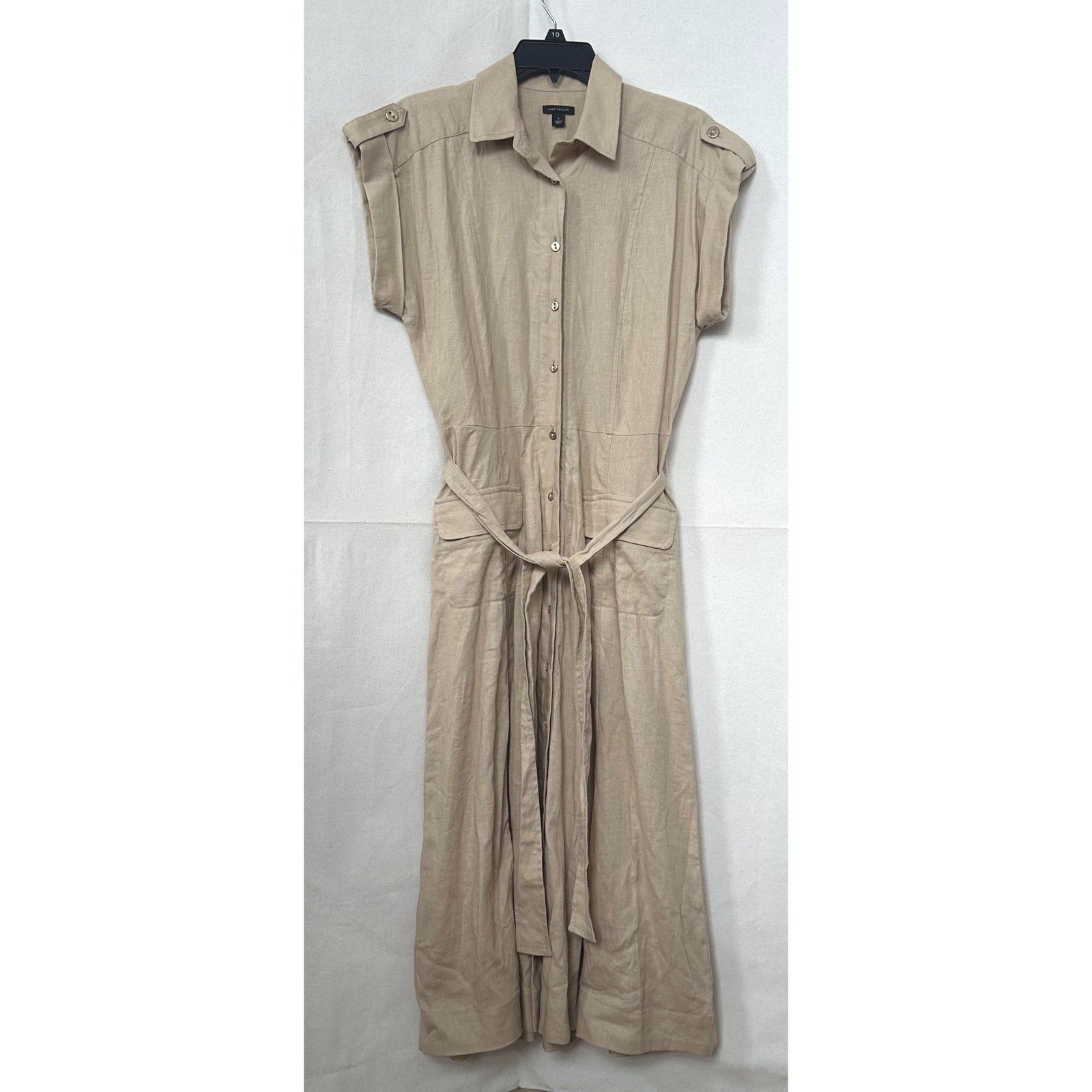 A. Taylor Minimalist Old Money Utility Safari Tan Linen Blend Midi Shirt Dress 2