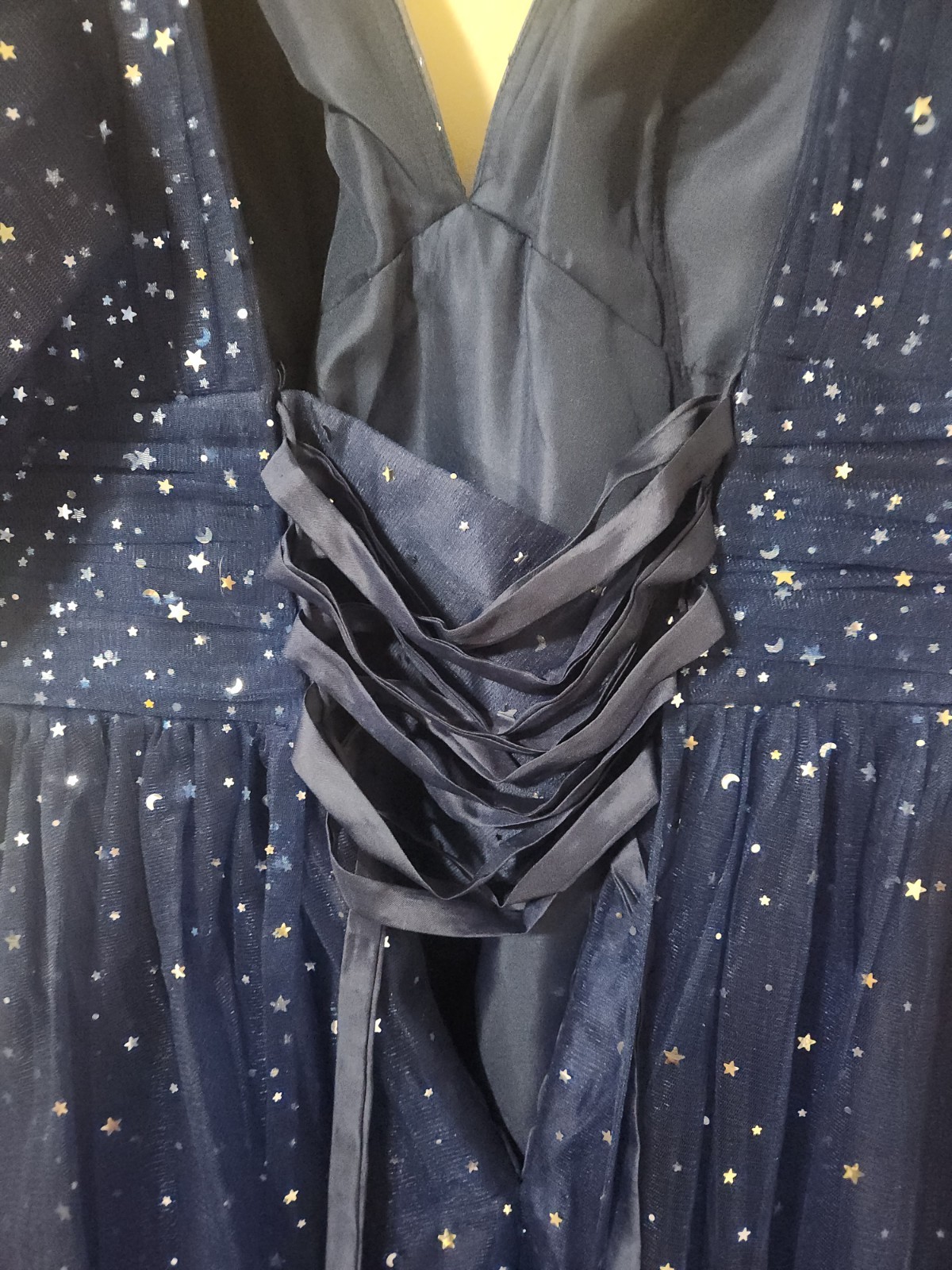 Xijun Dress Size 14 Tulle V Neck Puffy Sleeve Slit Starry Navy Blue Prom NWOT