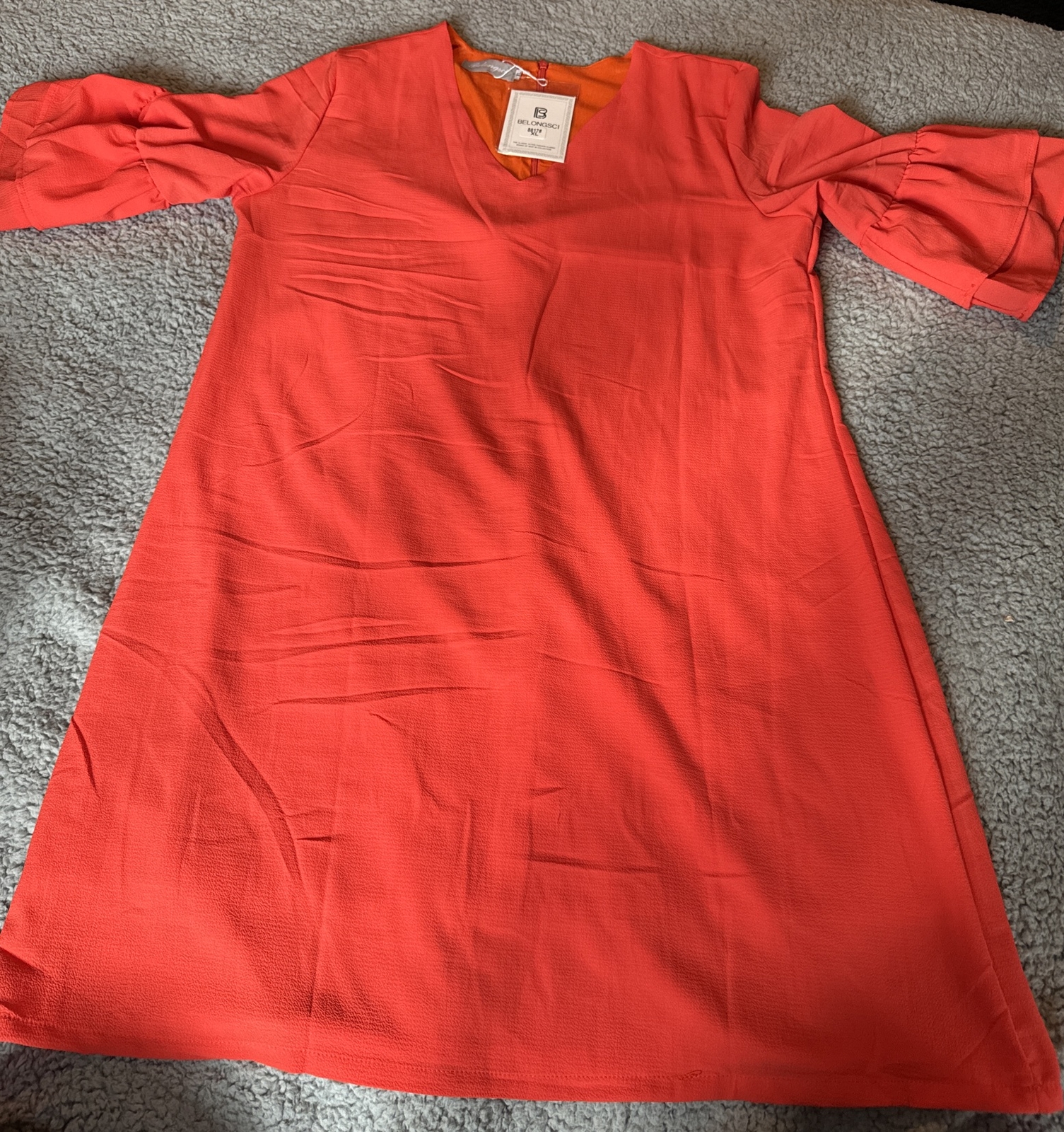 V-Neck Orange Bell Sleeve Shift Dress Mini Dress Sz XL By Belongsci