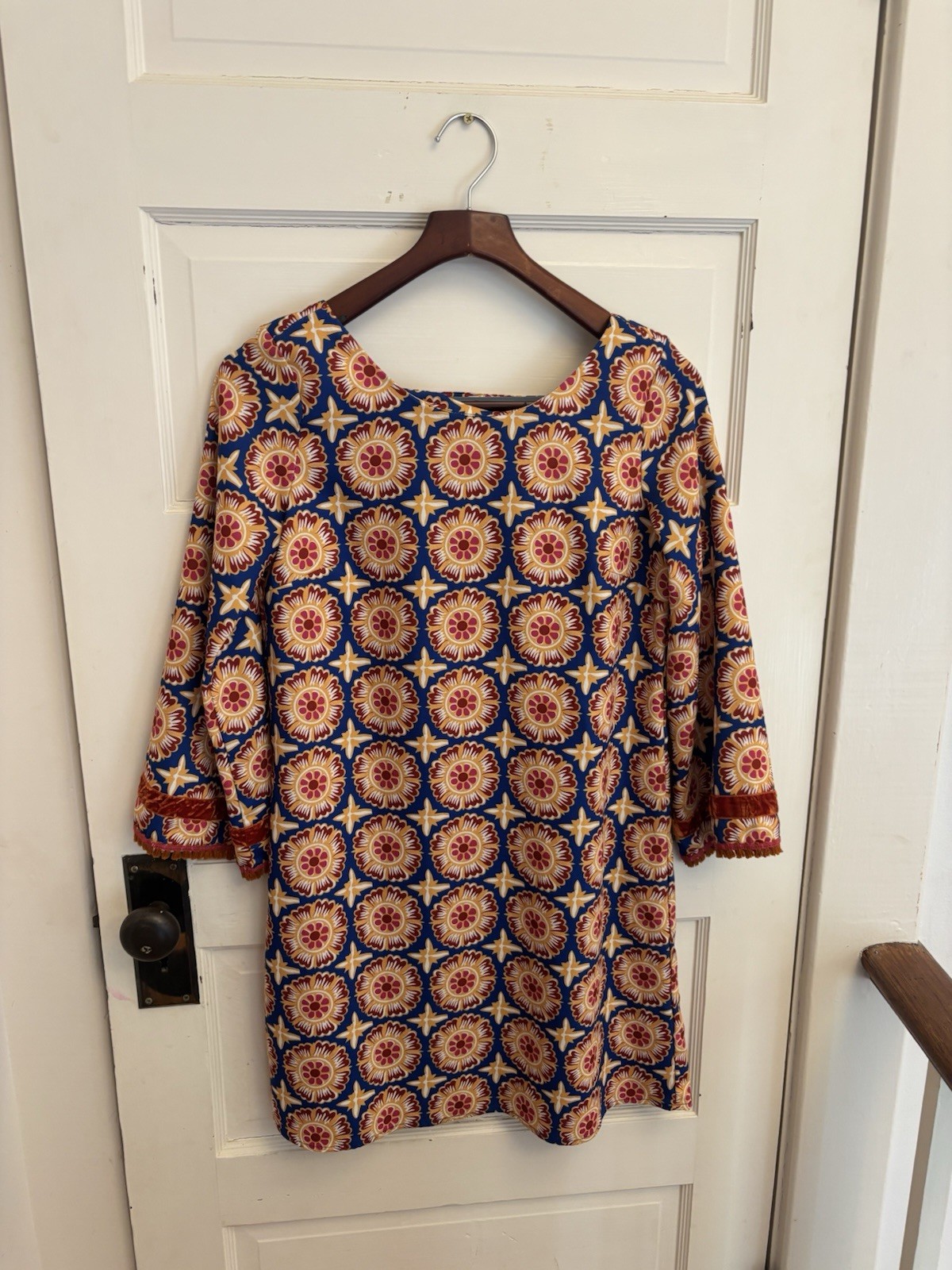 Uncle Frank Women’s Blue Floral Shift Dress 3/4 Sleeve Fringe Velvet Size XS