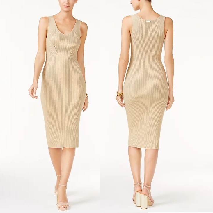 MICHAEL Michael Kors Metallic Gold Ribbed Knit Pointenelle Sweater V-Neck Dress