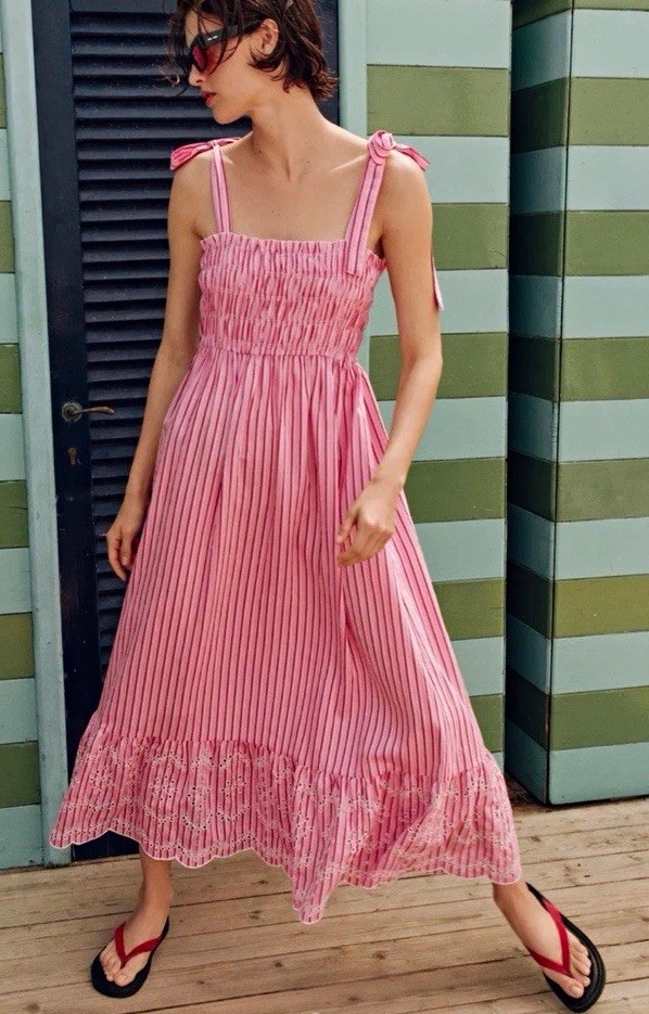 Pink White Striped Smocked Tie Strap Square Neck Ruffle Maxi Dress XL NWT