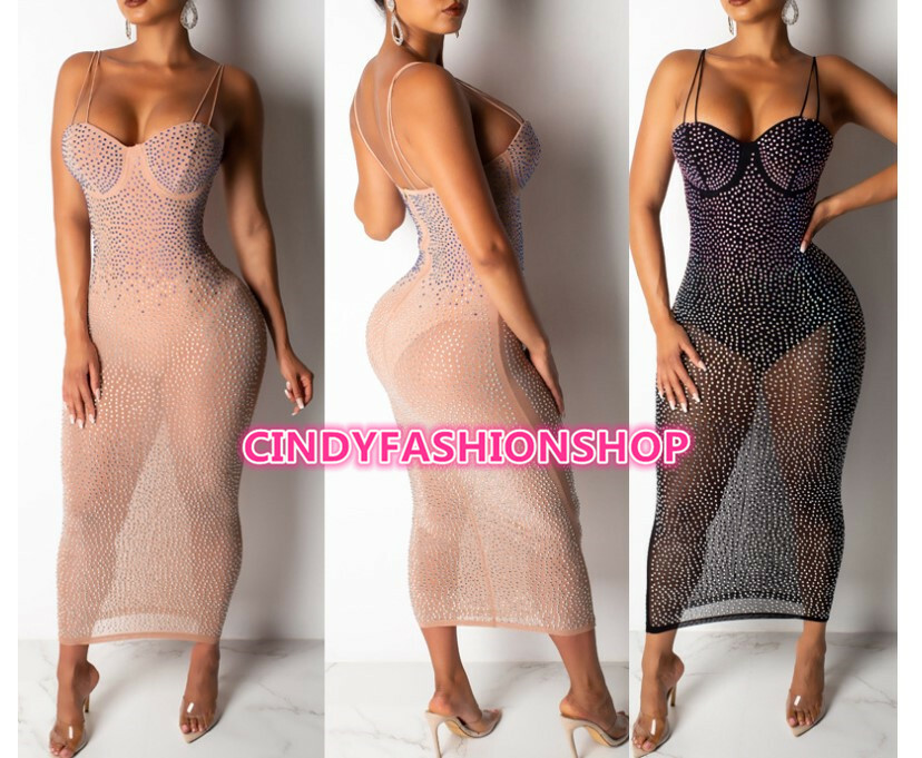 Women Sheer Hot Drilling Rhinestones Spaghetti Sleeveless Bodycon Midi Dress