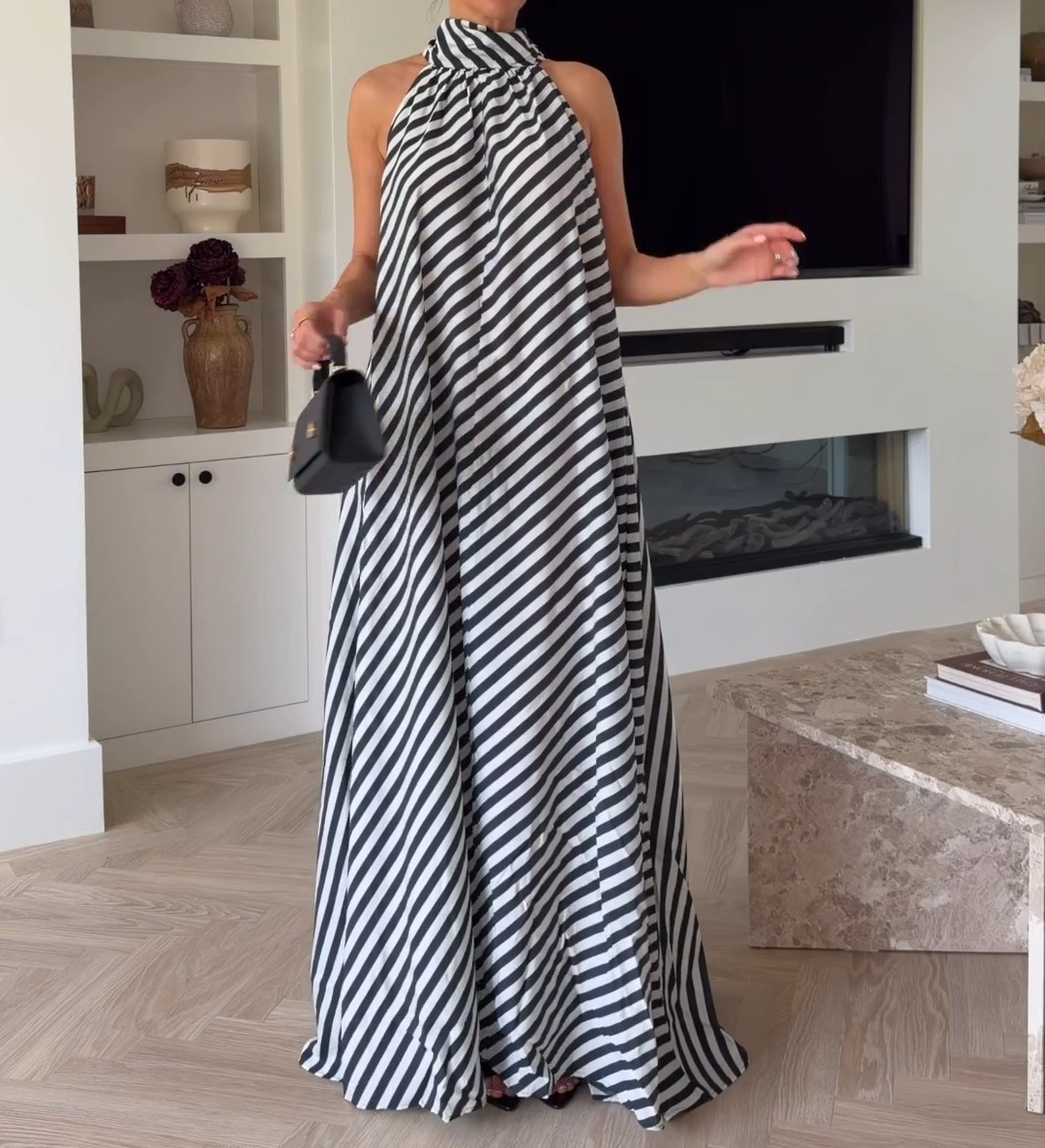 NWT H&M Tie-Detail A-Line Maxi Dress Blue/White Stripe 1337754001 XS,M,L,XL,XXL