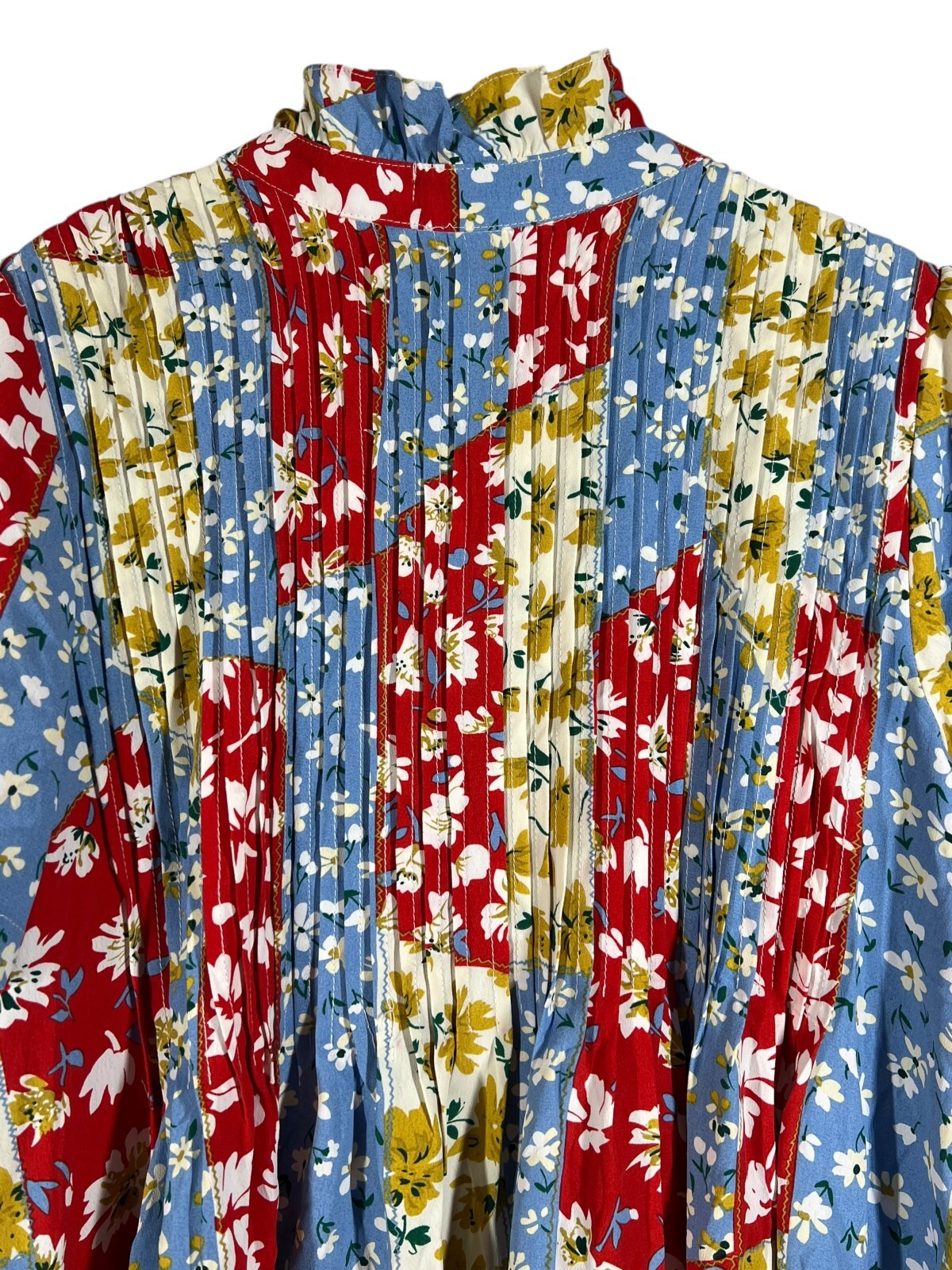 Love + Harmony Patchwork Floral Dress Womens Small Red Blue Pleated Boho Mini