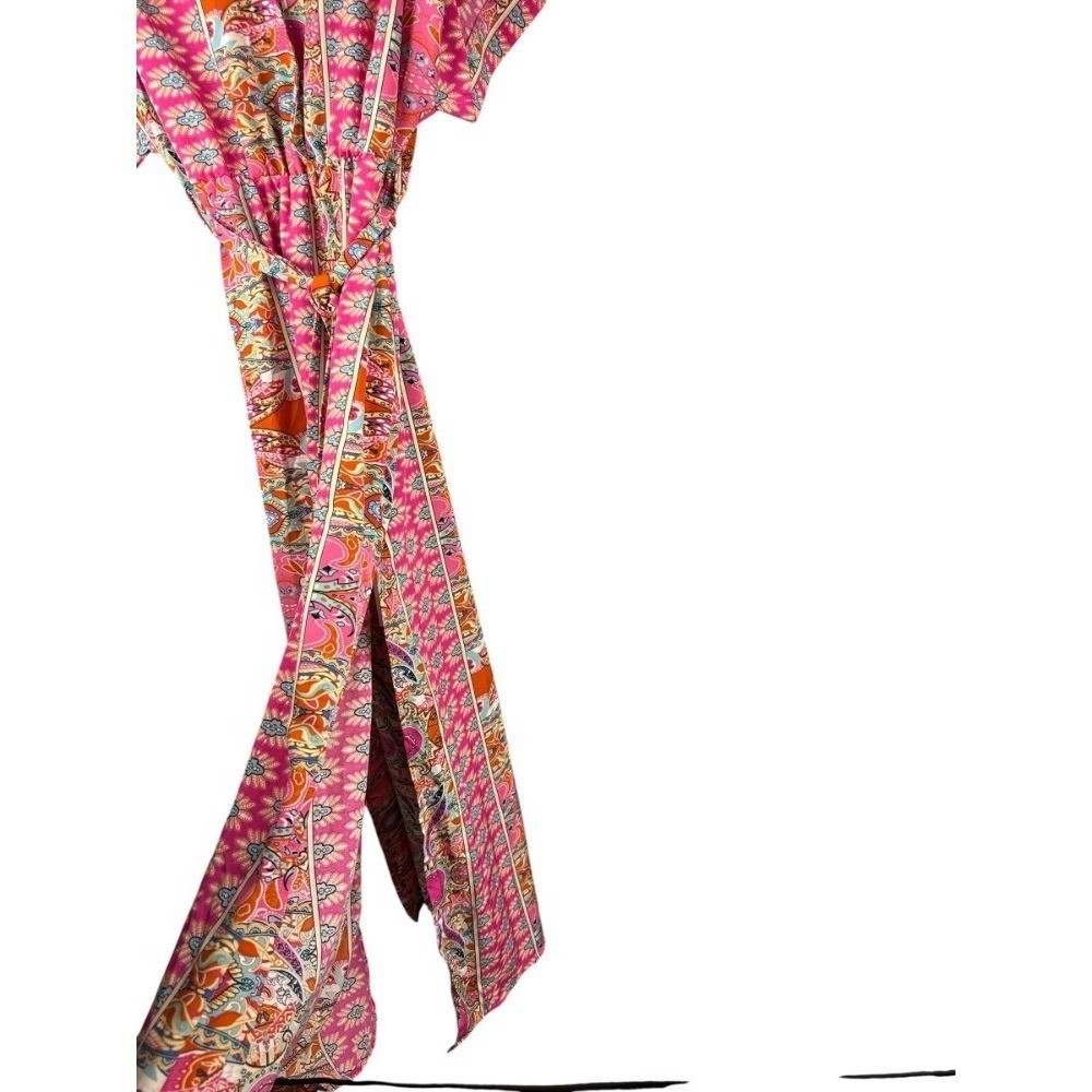 Cupshe Tiered Maxi Dress Large Pink V-Neck Elastic Waist Side Slits NWT Boho