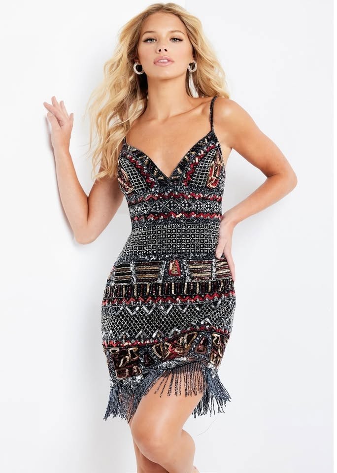 NWT Jovani Black Multi Sequin Beaded Mini Homecoming Cocktail Fringe Dress 10