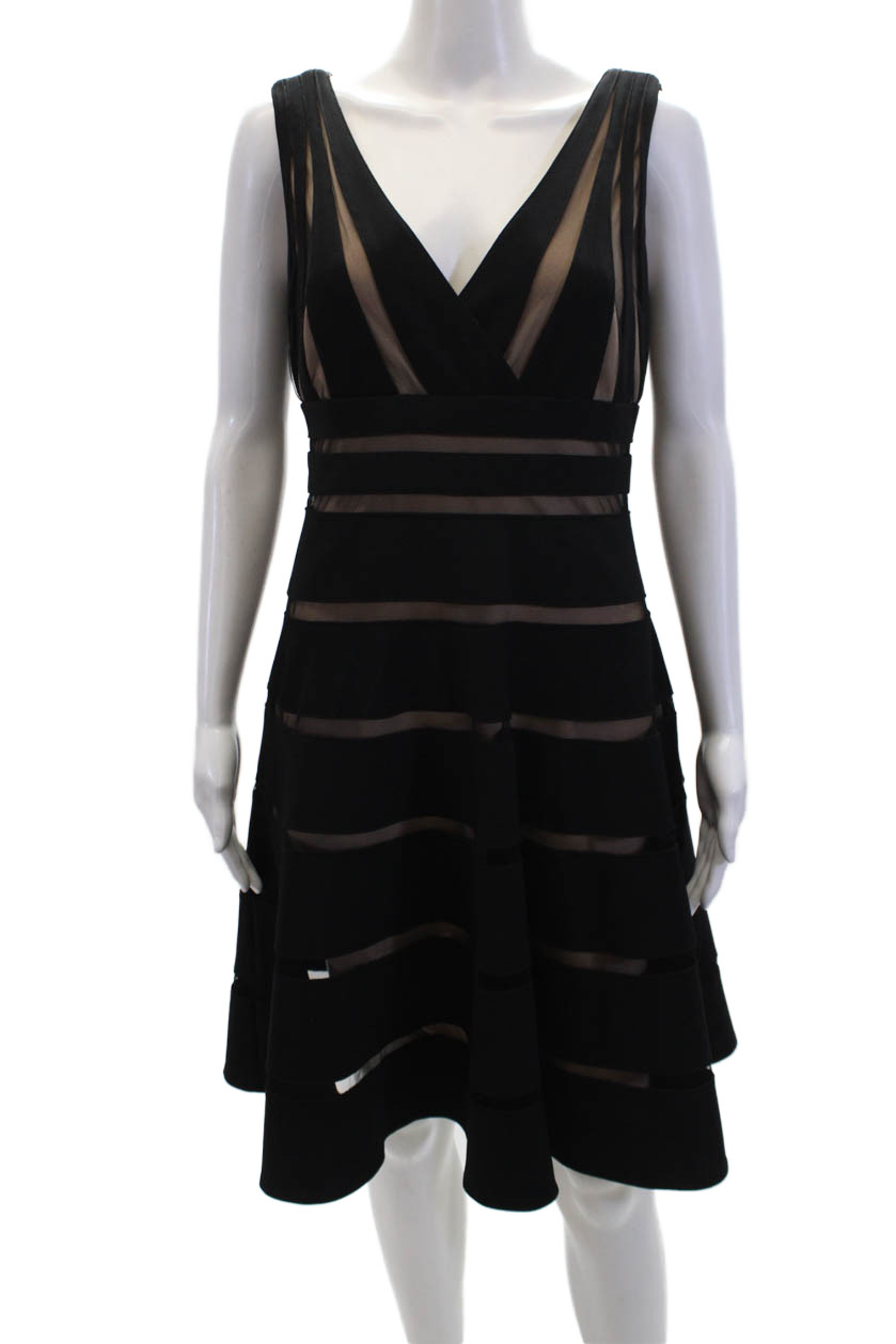 Mikael Aghal Womens Striped Sleevless V Neck A Line Dress Black Size 12