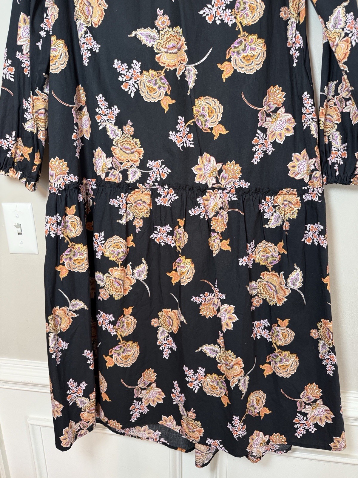 WHO WHAT WEAR NWT Black Multicolor Floral Woven Tie Neck Dress, Long Sleeve, XS