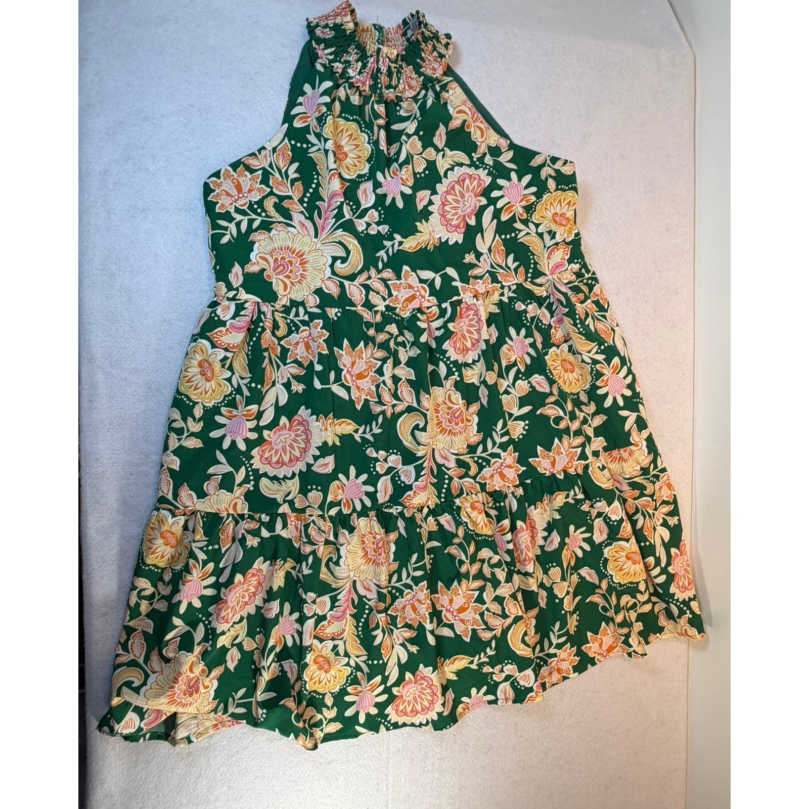 THML Green Floral Smocked High Neck Tiered Mini Dress Large Boho Sleeveless