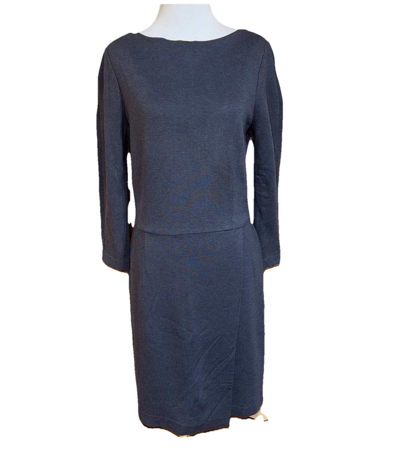 LL BEAN Sheath Dress Size 10 Gray Nylon Rayon Spandex Faux Wrap Front 3/4 Sleeve
