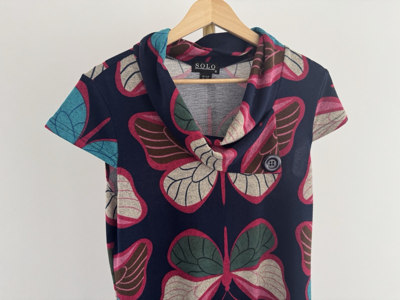 SOLO Butterfly Colourful Print Navy Cowl Neck Detail Knit Jumper Dress UK 12