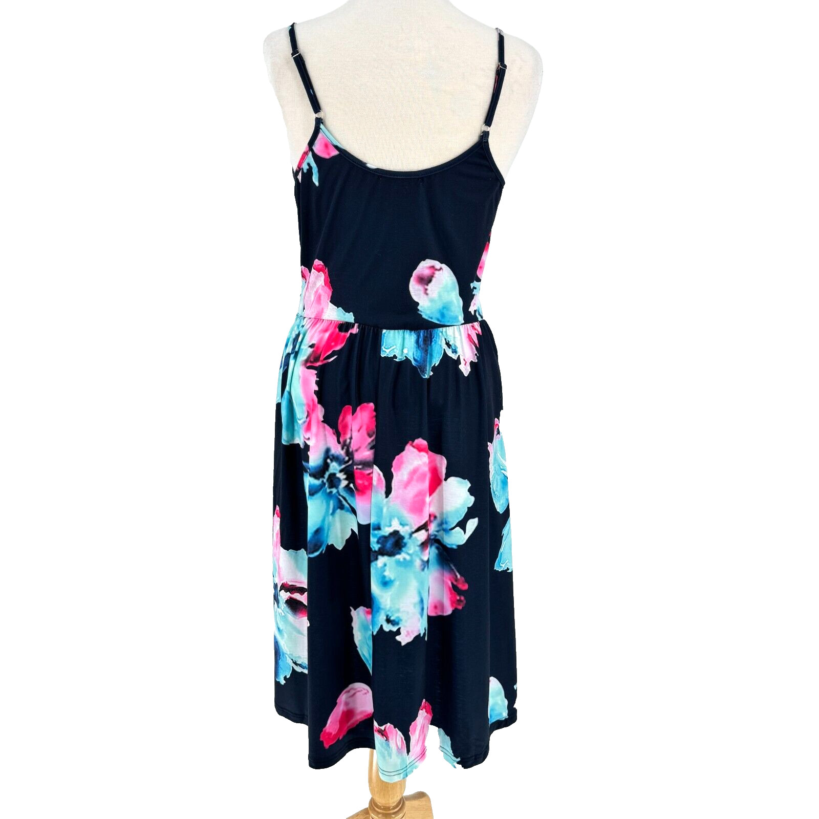 NEW Ouges Sun Dress Large Blue Pink Floral Fit n Flare Sleeveless Stretch Swing