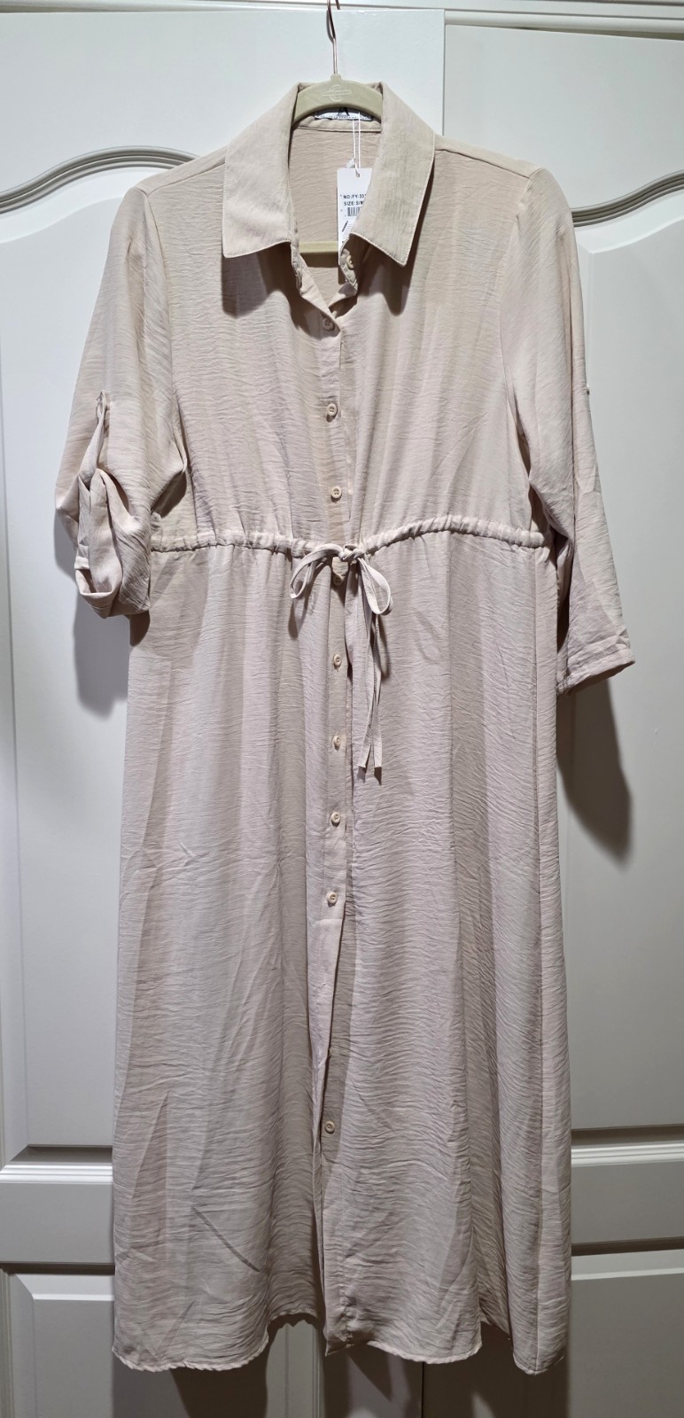 AZ Women’s Size S/M Cream Shirt Dress Duster Drawstring High Waist Maxi NWT