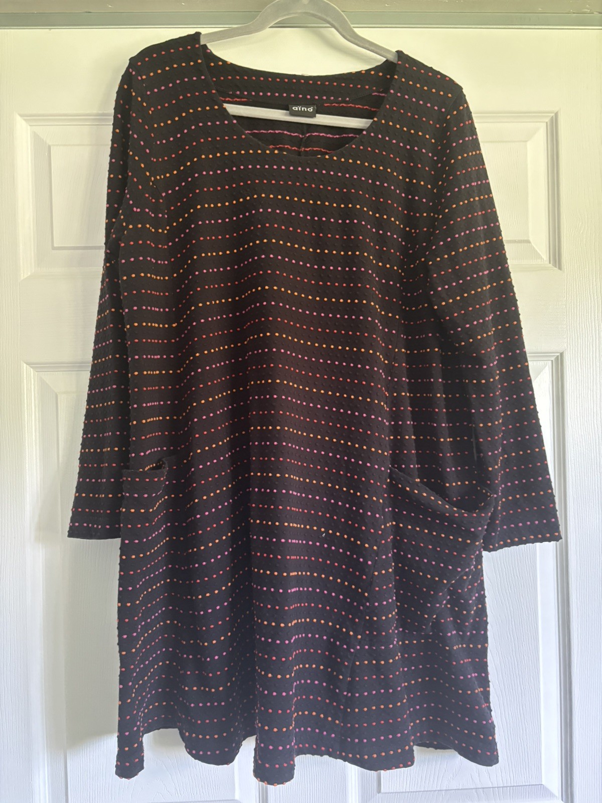 AINO Finland XL Lagenlook Dress, Black Pink Orange Stripes Dots Pockets