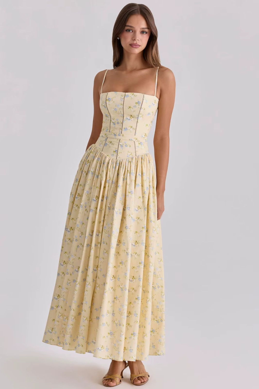 Women’s Yellow Floral Maxi Dress Spaghetti Strap Corset Summer Beach Sundress