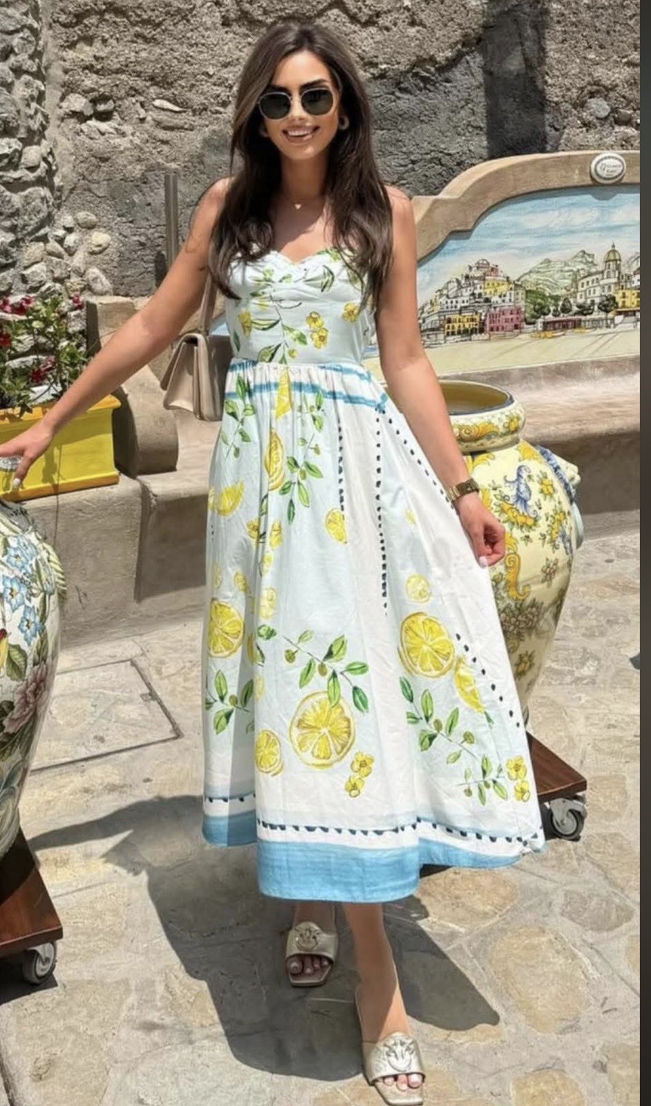 Zara Lemon Print Long Poplin Dress Light Blue Green Size M 3454/347 New