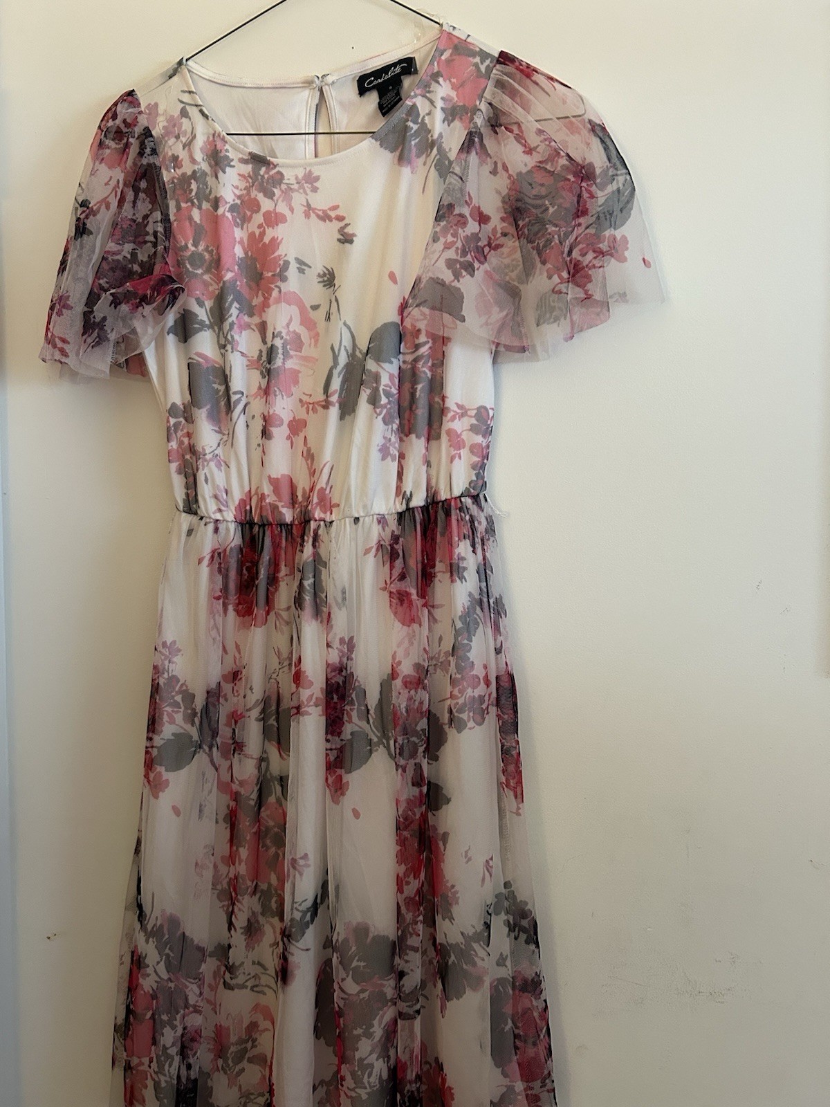 Candolitt Women’s S Midi Dress White/Pink/Gray Floral Chiffon Flutter Sleeve