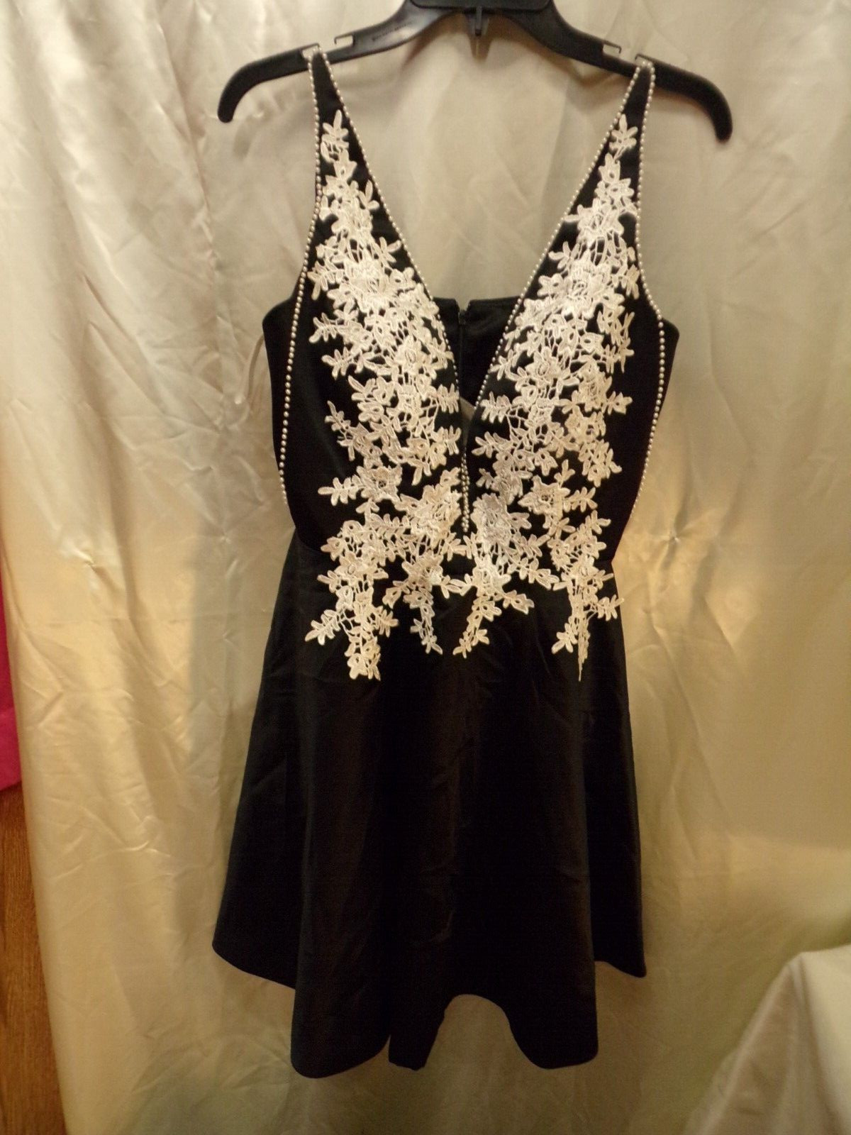 Black Dress Spaghetti Strap White Lace Beads V Neck size XS S