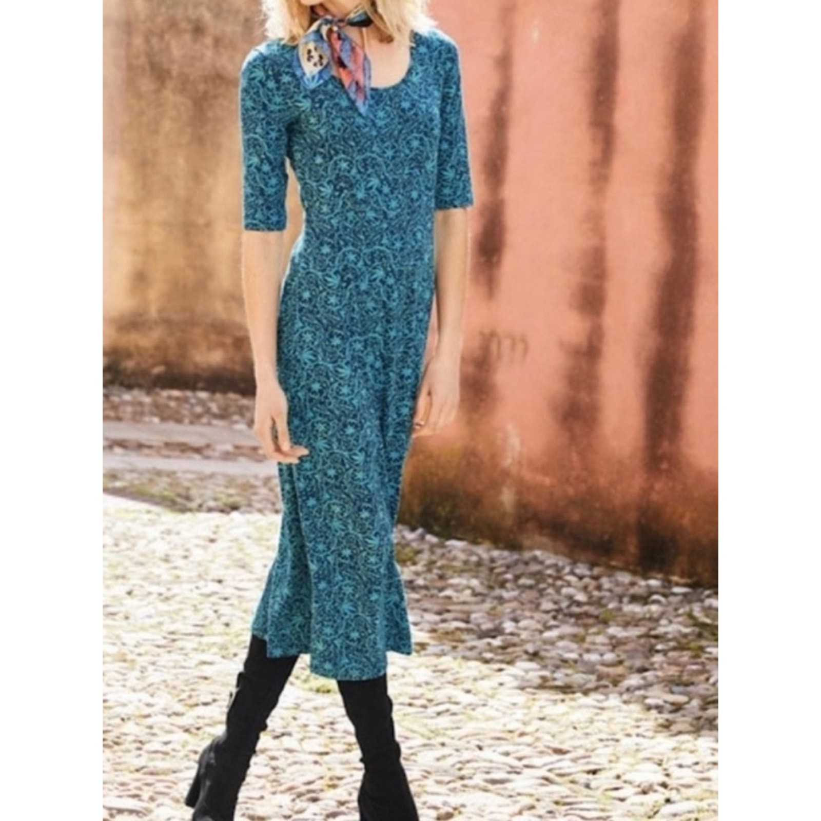 Peruvian Connection Byzantine Cotton Jersey Scoop Neck Midi Dress Small Floral
