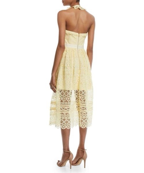 Self Portrait Yellow Guipure Lace Halter Midi Dress