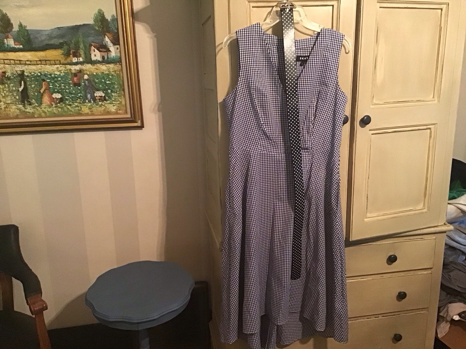 DKNY Blue Cotton Gingham Hi/ Low Belted Sleeveless Dress 10 NWOT